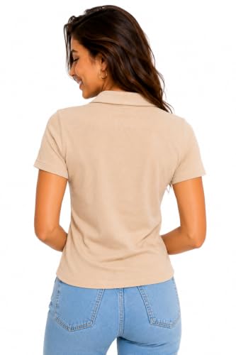 Image of Women's Ribbed V Neck Collared, Casual Short Sleeve Polo Top, Stretch Knit, Soft Lightweight Summer Basic Tee for Office, Work, Travel