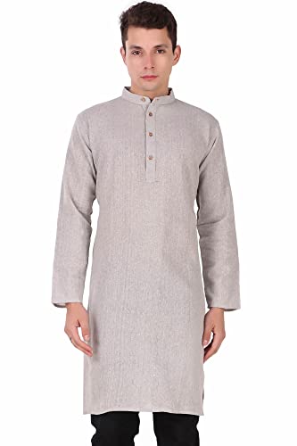Image of Amazon Brand - Anarva Men's Handloom Cotton Solid Kurta Long Sleeves Straight Knee Length Long Shirt