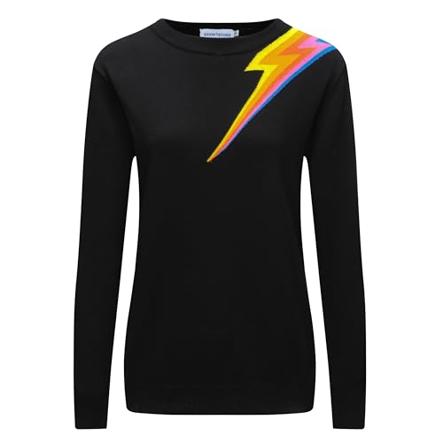 OXKnit Women's 1960s Retro Knit Long Sleeve T-Shirts, Lightning Pattern Crewneck Casual Knit Top