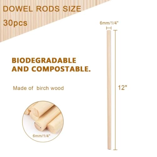 Image of Dowel Rods Wood Sticks Wooden Dowel Rods - 30PCS 12 Inchx6mm- for Crafts and DIYers (Birch Wood1 /4 Inch x 12 inch)