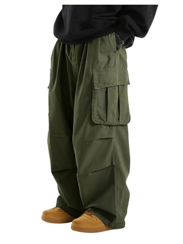 OYOANGLE Men's Drawstring Elastic Waist Flap Pockets Streetwear Baggy Cargo Pants Joggers Hiking Trousers