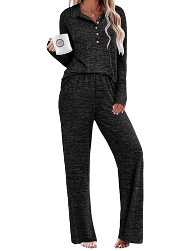 Ekouaer Womens Pajamas Set Fall Lounge Sets 2 Piece Long Sleeve Sleepwear Button Down Soft Pjs Nightwear