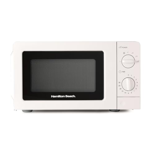 Hamilton Beach Microondas, 20L, 700W, estándar, controles manuales, 6 niveles de potencia, descongelación rápida, temporizador de 30 minutos, diseño compacto para cocinas pequeñas, blanco - HB70T20W