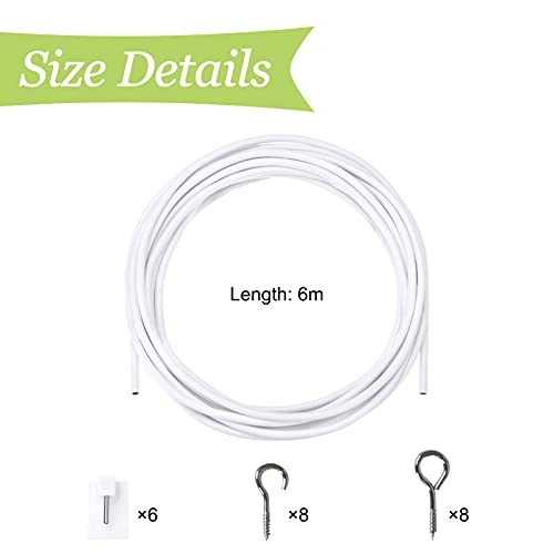 Ufurmate White Curtain Wire, 6M Plastic Coated Window Curtain Wire Net Curtain Wire Hanging Cord Kit With 6Pcs Self-Adhesive Hooks & 8Pcs Hooks And 8Pcs Eyes #TOP1