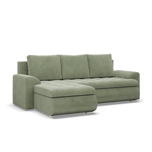 Mebligo - Ecksofa mit Schlaffunktion und 2 Bettkasten Cord - Gr&uuml;n 230x89x159 (BxHxT) FORESTA - Links Eckcouch, Sofas & Couches, Couch L Form, Cauchsofa, Sofa Wohnzimmer