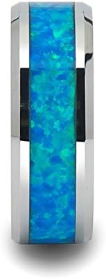 Quasar タングステンコンテンポラリーメタルウェディングバンドリング ブルーグリーンオパールインレー 幅8mm