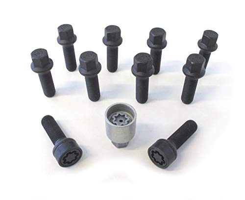 Juego de tornillos de rueda H&R M14x1.50 esféricos R14 en color negro de 43mm con antirrobo
