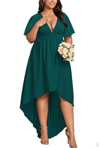 Image of Elegant Dresses Formal Evening Cocktail Long Maxi Wedding Party Dress Sexy V Neck Ruffle Sleeve Hi Low Flowy Gowns