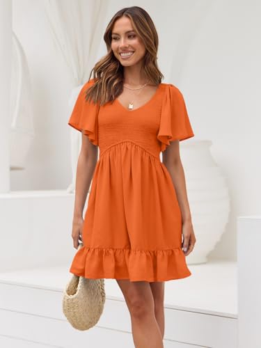 Image of LILLUSORY Women's Flowy Casual Mini Dresses 2026 Summer Graduation Smocked V Neck Vacation Dress Dress with Pockets