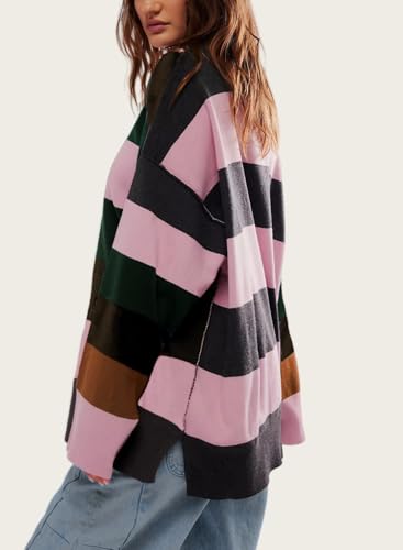 Image of Womens Striped Sweater Quarter Zip Sweater Drop Shoulder V Neck Y2k Pullover Sweaters