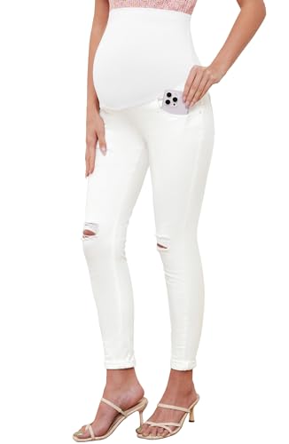 PACBREEZE Women's Maternity Jeans Over Belly Skinny Stretchy Denim Pants Comfy Slim Pregnancy Pants, 09: Ripped White, XX-Large