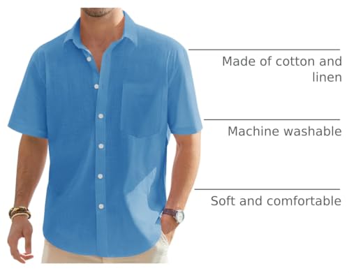 Image of J.VER Mens Linen Shirt Short Sleeve Button Down Casual Summer Shirts | Cotton Linen, Untucked, Big Tall, from Beach Camp Vacation, Cruise Fishing, Work Office, to Wedding Party Family, with Pocket