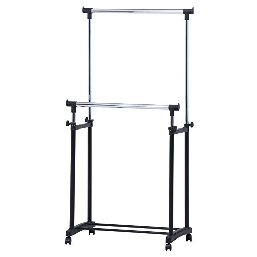 不二貿易 ハンガーラック ダブル 幅75×奥行43×高さ89.5~147cm ブラック 伸縮 キャスター付き 15540