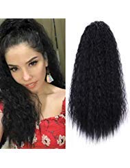 Stamped Glorious 22 Inch Curly Ponytail Extension Long Curly Drawstring Ponytail for Women Synthetic Corn Wavy Drawstring Ponytail Extensions Hair Pieces for Women(1B)