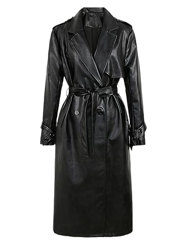 keusyoi Herfst Lange Bruin Pu Leer Losse Trenchcoat Voor Vrouwen Sjerpen Windjack Winddicht Jas, Zwart, L