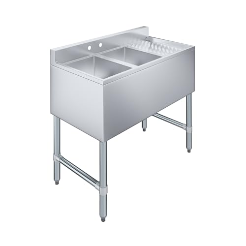 Image of AmGood 36 in. x 19 in. Two Compartment Under Bar Sink With 12 in. Right Drainboard | Stainless Steel Commercial Two Bowls Underbar Sink NSF.
