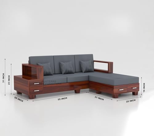 Image of Sheesham Wooden 4 Seater L- Shape Sofa for Living Room | Solid Wood Sofa with Side Box Storage & Cushion | Rosewood Sofa Set for Home & Office | Lounge (Honey, 4 Seater)