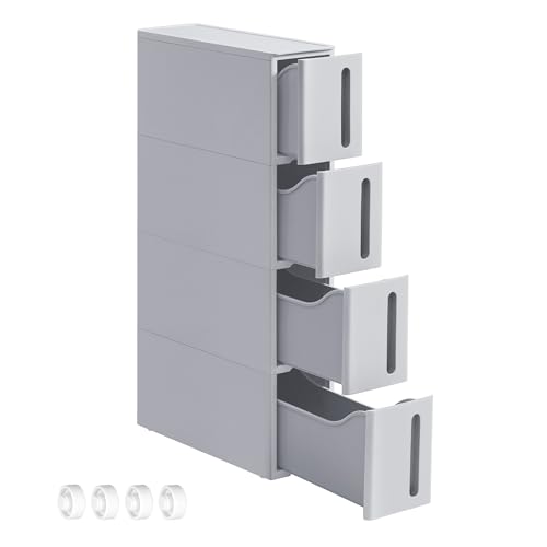 SONGMICS Carrito Estrecho con Ruedas, Estantería con 4 Cajones, 17,3 cm de Ancho, Estante para Baño, Móvil, para Cocina, Plástico PP, Ahorra Espacio, 45,2 x 17,3 x 84 cm, Gris KFR008G02