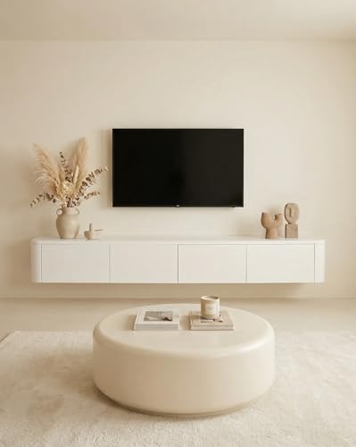 Amveya Meuble TV Suspendu Meuble télé Flottant 140 cm Blanc Laqué avec LED Meuble TV Moderne en Bois à 2 Tiroirs Console Murale Multimédia avec Rangement pour Salon