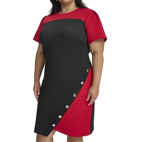 Image of Tommy Hilfiger Women's Short Sleeve Jewel Neck Colorblock Studded Asymmetrical Hem Crepe Mini Dress