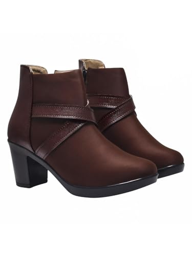 Image of Shoetopia Women's Ankle Boots with Block Heel and Cross Strap Design - Stylish Comfortable Casual & Party Footwear