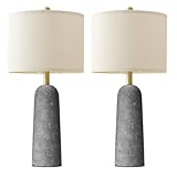 BOBOMOMO 27.25' Travertine Lamp Set of 2, Modern Lamps for Living Room with Linen Shades, Gray Resin Table Lamp with Natural Stone Look, Nightstand Lamp for Bedroom, Living Room, Entryway