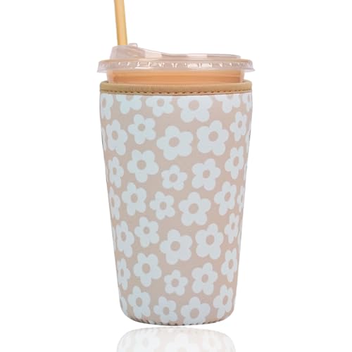 Image of Reusable Insulated Sleeve for Iced Coffee Cup, Coffee Neoprene Sleeve for Cold & Hot Drinks, Beverage Holder for Iced Coffee (Creamy Florals, Large: 32oz)