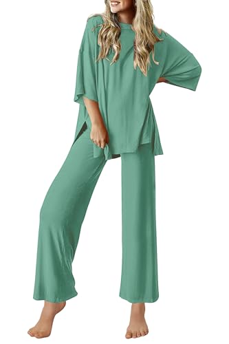 Image of Ekouaer Lounge Sets for Women Short Sleeve Tops and Long Pants Soft Comfy Pajamas Set 2 Piece Outfits