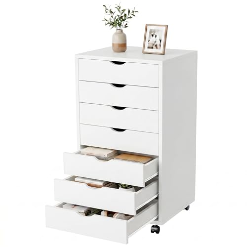 Image of 7 Drawer File Cabinet, Under Desk Storage Organization with Wheels, Mobile Filing Chest for Small Desk Printer Stand for Home Office, White