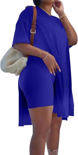Image of AXOSY Women Plus Size 2 Piece Outfits | Short Sleeve Tunic Tops, Skinny Biker Shorts, Comfortable Tracksuits, Soft Summer Sets, Breathable Material