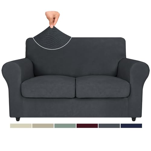 ZNSAYOTX Super Stretch Loveseat Slipcovers 3 Piece, Newest Striped Loveseat Sofa Covers for 2 Cushion Couch, Soft Love Seat Furniture Protector Washable Durable Anti Slip (55″-69″, Dark Grey)