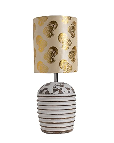 Image of Homesake Wooden Lamp for Living Room | Table Lamp for Bedroom | Bedside Lamp with Fabric Shade | E27 Holder with Bulb Included | Warm Light Night, Study Table & Home Decor, Golden Peacok Shade