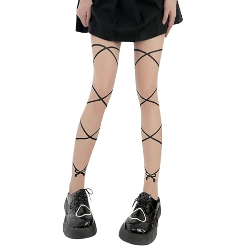 Image of Y2K Patterned Sheer Tights for Women Gothic Punk Thigh High Pantyhose Harajuku Lolita Bandage Fishnet Stockings
