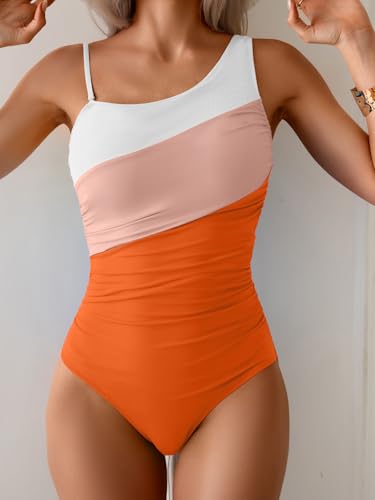 Image of Aidonger One Shoulder One Piece Swimsuit for Women Tummy Control Bathing Suits Color Block Ruched Swim Suit Slimming Swimwear