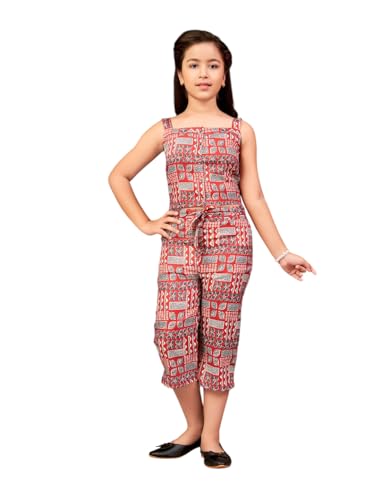 Aarika Girls Casual Wear Rust Colour Floral Print Cotton Top & Pant With Belt-3-11 Years (DR-TR-K-930)