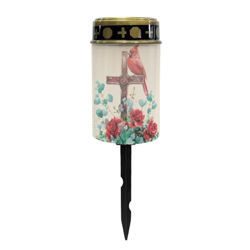 Image of Cardinal Bird Cross Rose Solar Grave Lights for Cemetery Flameless Solar Powered Light for Prayer Waterproof Cemetery Solar Lights for Grave Cemetery Decor