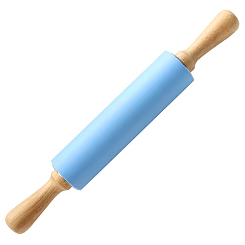 15-inch Silicone Rolling Pin for Baking, Stainless Steel Roller, Non-stick Surface and Comfortable Wood Handles