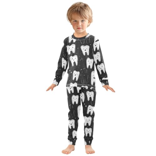 Pajama Sets Long Sleeve Tooth Characters on Black Soft Comfy Sleepwear 2 Piece PJS 3-8T2