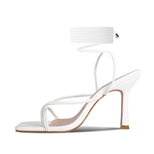 Isnom Lace Up Heels Sandals For Women, Square Toe Open Toe Thong Strappy Heels Women's Stiletto Heeled Sandals -White #TOP3