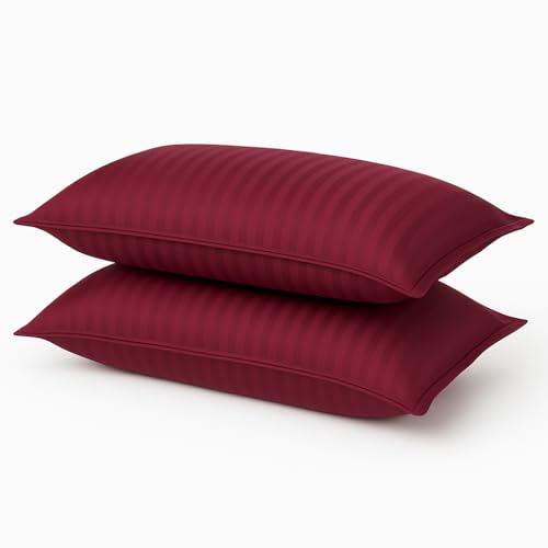 Image of Cotton Solid Striped Pillow Covers | Ultrasoft Breathable Envelope Closure| Pack of 2 Pillow Covers Standard Size (27 x 17 Inches) (Wine)