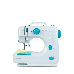 PRIXTON P110 Mini-naaimachine met lade voor accessoires, geïntegreerde lamp en 12 verschillende steeksoorten, inclusief pedaal, afmetingen 26 x 25 x 11,5 cm, blauw