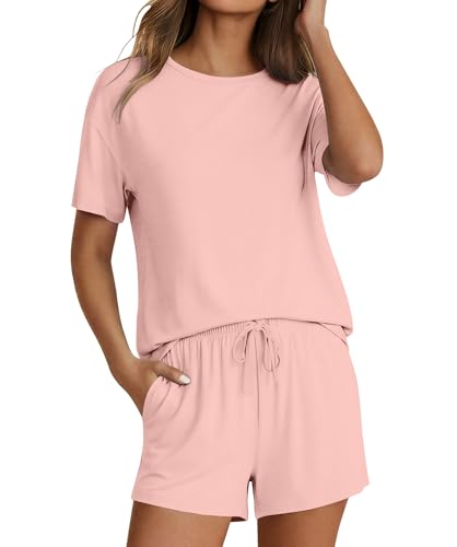 Ekouaer Pajama Set for Women Viscose from Bamboo Short Sleeve Tops and Shorts Set 2 Piece Lounge Set Pink