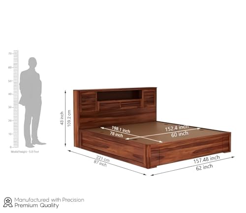 Image of Solid Sheesham Wood Bed with Storage | Wooden Bed with Drawer Storage & Designer Headboard | Strong & Durable Bed Frame for Bedroom Home & Hotel (Honey Finish, Queen)