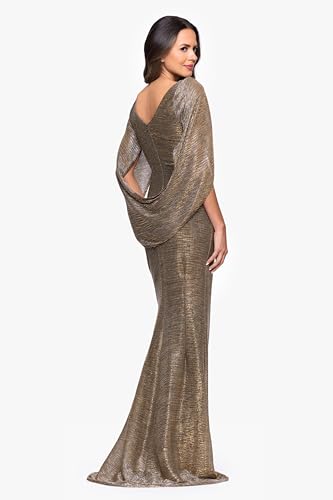 Image of Betsy & Adam Women's Floor Length Metallic Crinkle Knit Boat Neck Draped Cape Sleeve Evening Gown