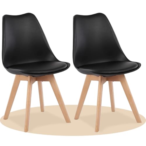 Dekohome Pack de 2 Sillas de Comedor, Sillas de Cocina con Respaldo Ergonómico, Asiento Acolchado Tapizado y Patas de Madera Maciza de Haya, Negro
