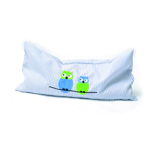 Aumüller Korbwaren Katzenspielkissen LILO (Large 36x18cm, Hellblau/Weiß, Gestickt mit Eulenbestickung, 36 x 18 x 5 cm, Füllung: Dinkelspelz, Baldrianwurzel)