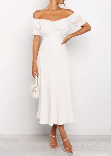 Image of KIRUNDO Women's Satin Summer Wedding Guest Cocktail Dress | 2026 Spring Fall Party Midi Dress, Silky, Elegant Off Shoulder Short Sleeve, Ruffle Mermaid Hem, Wrap Prom Formal Outfits