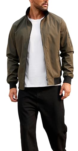 Image of QTE Army green Jacket for Men Fashion Windproof Bomber Jackets Coat Lightweight Casual Spring Fall Stand Collar Windbreaker Zip Up with Pocket