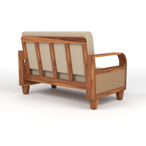 Image of Sheesham Wooden 4 Seater Sofa for Living Room | Solid Wood Sofa with Rattan Cane Side Rack | Rosewood Sofa Set for Home & Office | Lounge (Honey, 4 Seater)