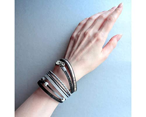 Image of Fesciory Leather Wrap Bracelets for Women, Boho Leopard Multi-Layer Crystal Beads Cuff Bracelet Jewelry